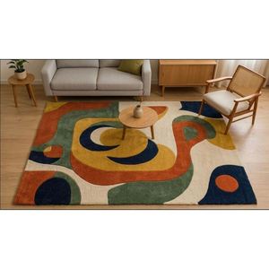 Tapis en laine tufté à la main abstrait multicolore, jaune moutarde, vert rouille, bleu marine, ivoire, à poils ras, pour décoration moderne de salon - Product Image 4