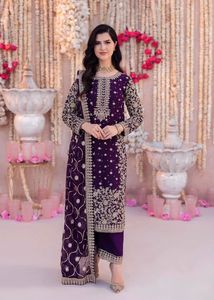 Women's Faux Georgette Embroidered Full Sleeve Straight <b>Kurti</b> with Pant & Dupatta Set - Product Image 3