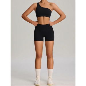 Women's Casual Seamless 2-Piece Yoga Set Black <b>High</b> Waist Shorts Strapless Crop Top Asymmetric Design Polyester/Cotton Summer - Product Image 3