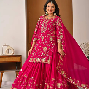 ชุดคุร์ตา/คุร์ตีสำหรับงานแต่งงานและงานเทศกาลดีวาลี ดีไซน์ใหม่ พร้อมผ้าคลุมไหล่และเสื้อท่อนบน ตัดเย็บสำเร็จ ผ้าไหมชินนอนเนื้อหนา แห้งเร็ว - Product Image 1