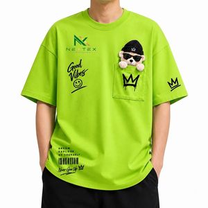 Custom Mens <b>Pocket</b> Teddy Print Oversized <b>T</b> <b>Shirt</b> Summer Casual Hip Hop Streetwear Tee Breathable Cotton Graphic Clothing - Product Image 1