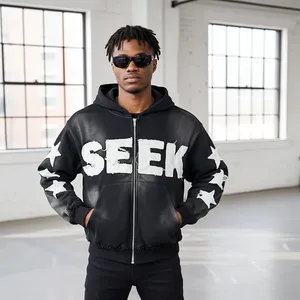 Seek Oversized <b>Crop</b> <b>Zip</b> <b>Hoodie</b> Men Streetwear Jersey 100% Cotton Solid Dip Dye Breathable Winter Regular Sleeve - Product Image 1