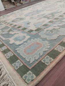 Tapis en laine noué à la main au design moderne, motif floral vert pastel et bleu, 8x10 et 9x12 pieds, aspect vintage pour salon, tapis 1 pièce MQ - Product Image 6