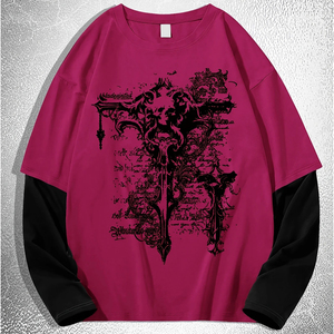 Camisetas de Manga Larga para Hombre, Estilo Nuevo, Tejido Transpirable y Suave al Tacto, Diseño Cruzado Oscuro, Efecto de Dos Piezas, Combinación de Colores Rosa y Negro - Product Image 1