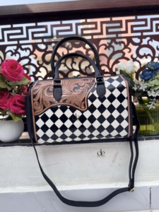 Hand Tooled Checkered Genuine Leather Tote Bag Cross-<b>Body</b> Western Fashion New Arrival Stylish Luxury Bag Classic Women's Handbag - Product Image 5