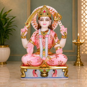 Statue de Santoshi Mata en marbre pour le culte avec épée, trident, couronne et piédestal décoratif – Maliyas - Product Image 1