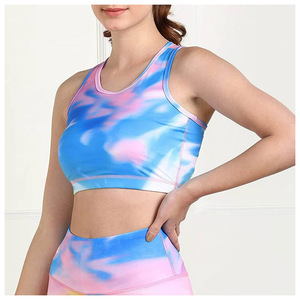 Womens <b>Blue</b> Pink Tie Dye Sports <b>Bra</b> Sleeveless Yoga Running Fitness Workout Crop Tank Top Breathable Activewear Gym Wear - Product Image 1