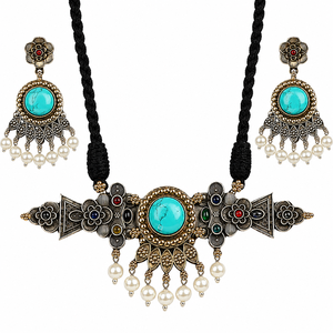 Conjunto de Gargantilla Nupcial Turquesa Bicolor con Collar de Perlas Colgantes y Pendientes con Engaste de Bisel Floral, Estilo Bohemio para Boda y Fiesta, Oro Antiguo - Product Image 1