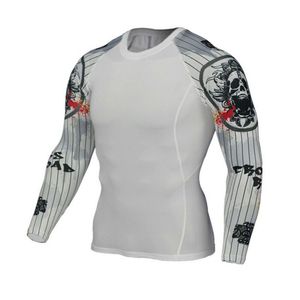 T-shirt de compression à manches longues pour homme, blanc, avec imprimé graphique de crâne graffiti sur les manches, pour l'entraînement sportif et la gym - Product Image 3
