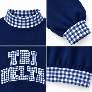 Sudadera Oversize Azul Marino Personalizada para Mujer con Cuello Alto, Apliques de Guingán y Bordado, Estilo Sorority, Venta al por Mayor, Marca Privada, OEM - Product Image 6