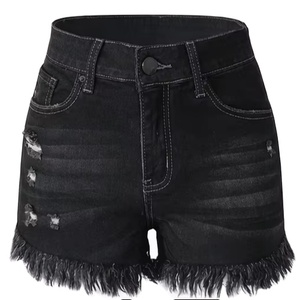 Pantalones cortos de mezclilla rasgados para mujer a la moda – Pantalones cortos de verano con cintura elástica alta y flecos con borlas - Product Image 1