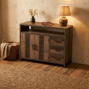 Araimo Industrial Teak Solid Wood Dresser Cabinet 3 Drawers Open <b>Shelf</b> Scandinavian Design <b>Rustic</b> Finish for Bedroom Storage - Product Image 2