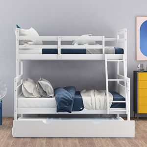 Letto a castello bianco singolo su matrimoniale con scaletta e letto estraibile singolo per bambini con sponda di sicurezza - Product Image 4