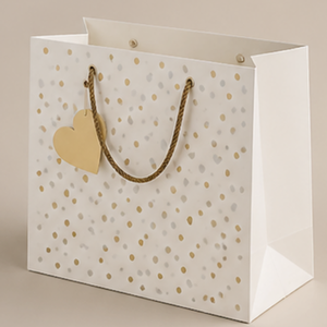 Custom Luxury White <b>Paper</b> Gift Bags with Rope Handles, Gold Polka Dot Design, Heart Tag & <b>Tissue</b> <b>Paper</b> for Retail Packaging - Product Image 3