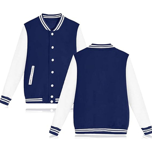 Unisex Navy Blue Varsity <b>Jacket</b> With <b>White</b> Sleeves Turn-down Collar Button Closure Preppy Style Autumn Wear - Product Image 1