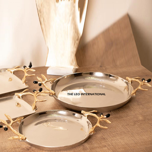 Circular Stainless Steel Aluminum Metal Tray with Golden Handle Creative Suitable for Eco-friendly Kitchen Supplies Tray - Product Image 1