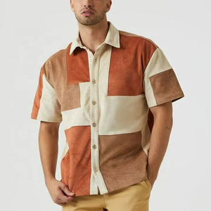 Short Sleeve Button up 3 Color Block <b>Patchwork</b> Splice Faux Suede <b>Shirt</b> for Men - Product Image 1