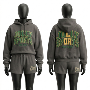 Conjunto de Sudadera con Capucha y Pantalones Cortos de Felpa de Algodón y Poliéster Suave para Mujer, Color Gris Verde Dorado, con Estampado Puff y Logotipo Personalizado - Product Image 1