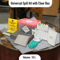 Kit Antiderrames Universal Ecológico 100% PP, Caja Transparente de 10 Litros, Compacto, Absorbente de Emergencia para Derrames de Aceite, Químicos y Líquidos