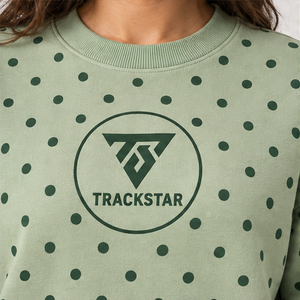 Women's Sage <b>Crewneck</b> Sweatshirt with Forest Green Allover Polka Dots Long Sleeve Custom Logo - Product Image 5