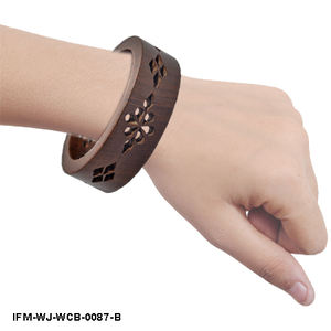 Handmade Dark Rosewood <b>Bangle</b> <b>Bracelet</b> with Floral Cutout Design Wide Boho Wooden Cuff Jewelry - Product Image 3