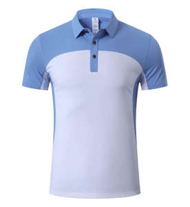 Chemise pour homme en tricot à blocs de couleur, manches courtes, séchage rapide, style sportif, imprimé personnalisable, bleu clair et gris - Product Image 5
