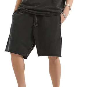 Shorts décontractés pour hommes en coton 100% respirant, couleur unie, taille mi-haute avec cordon de serrage, en tissu tricoté et finition délavée - Product Image 3