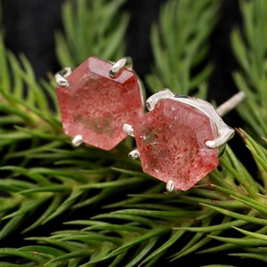Boucles d'oreilles hexagonales en quartz fraise naturel, argent sterling 925 plaqué or, bijoux ethniques faits à la main, cadeau pour femme - Product Image 2