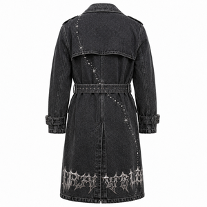 Gabardina de mezclilla gótica con estampado cromado para hombre, abrigo largo negro estilo streetwear con cinturón, ropa exterior premium - Product Image 3