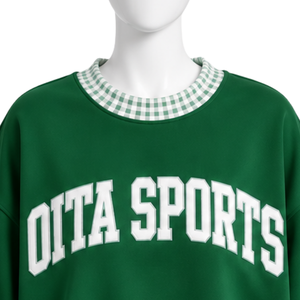 Sweat-shirt décontracté vert foncé pour homme, coupe ample, col et ourlet à carreaux vichy, manches longues, motif graphique, style streetwear - Product Image 3