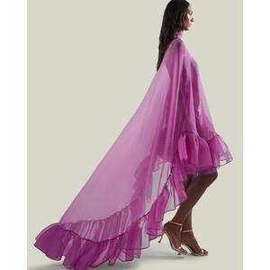 Vestido de Noche Elegante de Gasa Morada Premium con Cuello Alto, Mangas Tipo Capa, Volantes, Largo hasta el Suelo y Capa Transparente de Color Sólido - Product Image 4