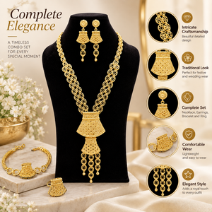 ชุดสร้อยคอจี้ทรงยาวแบบราชวงศ์ |   เครื่องประดับทอง 24K ชุบทองแดงทองเหลืองขัดเงา |   ต่างหู สร้อยข้อมือ แหวนแต่งงานแบบดั้งเดิมสำหรับผู้หญิง - Product Image 6