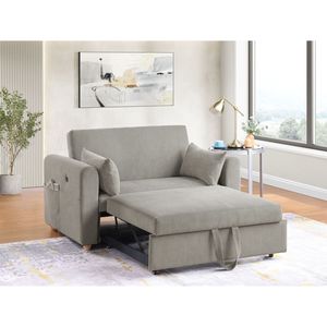 Divano letto trasformabile Marielle 55"W in velluto a coste grigio con porte USB, tasche porta riviste e cuscini - Categoria: Divani letto - Product Image 1