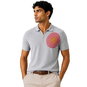 Polo zippé gris clair pour homme, imprimé coloré sur la poitrine, manches courtes, haut décontracté de luxe pour l'été, mélange de coton, design personnalisé, golf - Product Image 1