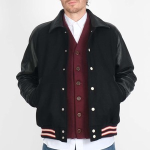<b>Men</b>’s Black Wool & <b>Leather</b> Varsity <b>Bomber</b> Jacket Premium Wool Body Genuine <b>Leather</b> Sleeves Ribbed Cuffs & Snap Button Street - Product Image 1