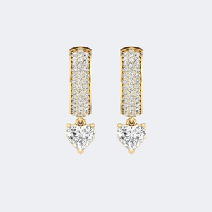 Pendientes colgantes lineales tipo huggie con diamantes cultivados en laboratorio de 1.50 CTW, redondos y en forma de corazón, con engaste de punta/pavé, estilo vintage dorado, certificados por IGI - Product Image 1