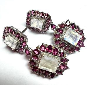 Pendientes de Diamantes Certificados de Plata de Ley 925 con Baño de Rodio de Lujo para Mujer, Turmalina Rosa Natural, Piedra Lunar Arcoíris - Product Image 5