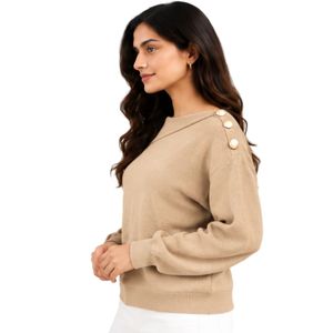 Suéter de Punto Color Camel Beige para Mujer, Cuello Asimétrico, Detalle de Botón Dorado en el Hombro, Manga Larga, Elegante, Informal, Jersey de Invierno - Product Image 2