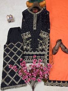 Conjunto de diseñador Zari con bordado de lentejuelas y lentejuelas de hilo Chinon, top con pantalón Plazzo y dupatta, completamente cosido y listo para usar. - Product Image 5