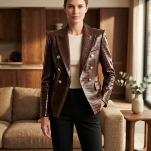 Brown Crocodile Embossed <b>Faux</b> <b>Leather</b> <b>Blazer</b> <b>Women's</b> Double Breasted Full Sleeve Autumn Jacket Regular Length - Product Image 1