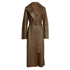 Manteau d'hiver long unisexe en cuir véritable, manches longues, col à revers, fermeture boutonnée, chaud et tendance - Product Image 1