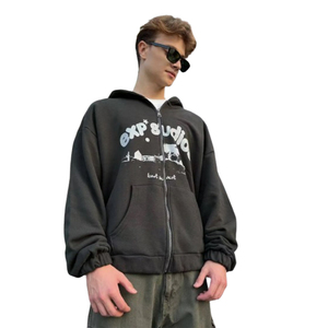 Sweat-shirt léger à capuche zippé en coton French Terry, sweats décontractés surdimensionnés à fermeture éclair, sweat-shirt personnalisé avec impression et jogging - Product Image 1
