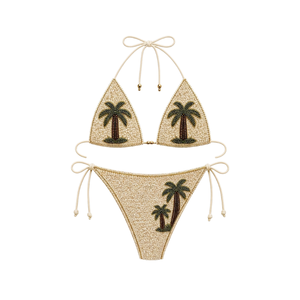 Beige Beaded Two-piece Swimdress with Palm Tree Embroidery Halter Neckline A-line Mini <b>Skirt</b> & Bottom set Womens Beachwear Dress - Product Image 1