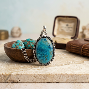 Natural Shattuckite Oval Cabochon <b>Copper</b> Alloy Pendant | Handmade Bezel Setting Gemstone Pendant | Wholesale Silver Plated - Product Image 3