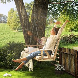 Dondolo a 3 posti in legno per veranda con portabicchieri e catene di sospensione, per patio e giardino, in legno naturale per il relax all'aperto - Product Image 2