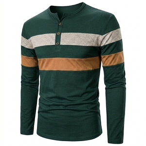 Mens Dark Green Henley Shirt Long Sleeve Color Block T Shirts Fashion Striped Cut Sew Cotton Knit Casual Pullover Tee Shirts - Product Image 1