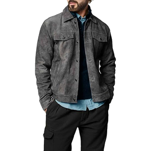 Men's <b>Suede</b> <b>Leather</b> <b>Jacket</b> Workwear Style Turn-down Collar Washed Finish Button Closure Autumn Outerwear - Product Image 2