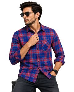 Chemise en flanelle à carreaux bleu roi et rouge pour homme, coupe ajustée, boutonnée, manches longues, en coton, style décontracté, tendance, personnalisée par le fabricant - Product Image 1