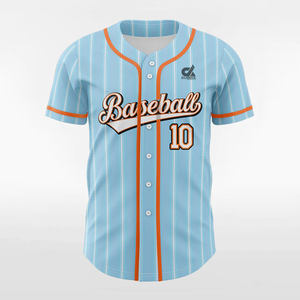 Maillot de baseball personnalisé 2025 bleu ciel à rayures fines avec bordure orange, uniforme d'équipe boutonné, nom et numéro personnalisés, style professionnel, vente en gros - Product Image 1