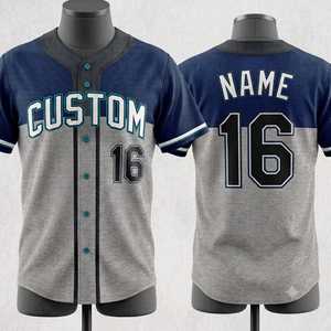 Maillot de baseball personnalisé pour hommes et femmes, gris, bleu marine, numéro 16, impression en sergé, respirant, manches courtes, coupe régulière, adulte, unisexe - Product Image 1